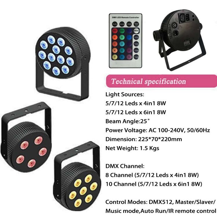 IR Remote Control 12x8W RGBWA UV 6in1 Wedding Event Disco Lighting DMX LED Slim Flat Par Can Stage Lights