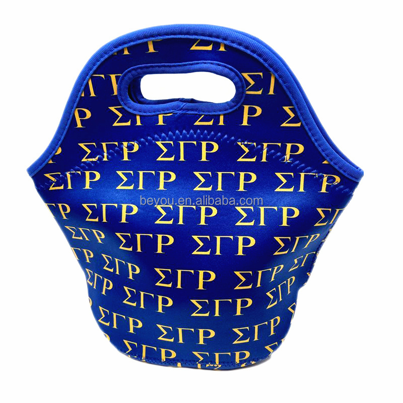 Wholesale Custom Sigma Gamma Rho Neoprene Blue Yellow Waterproof School Office Picnic Bento Lunch Box Tote SGR Letter Bag