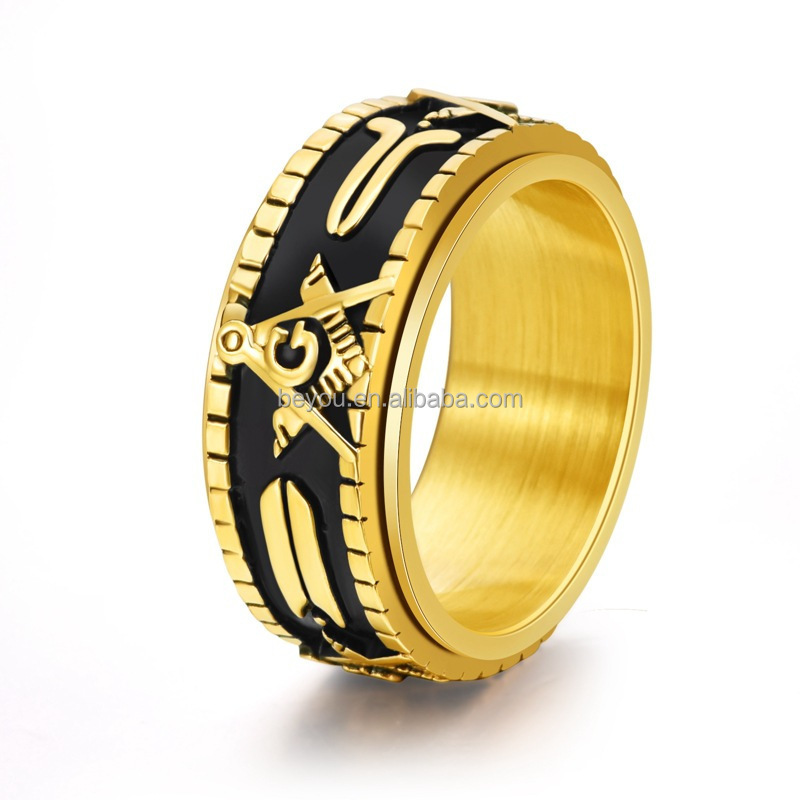 Vintage Masonic Spinning Titanium Black Gold Tone/Silver Plated Freemason Rotatable Wedding Band Ring Symbol Jewelry