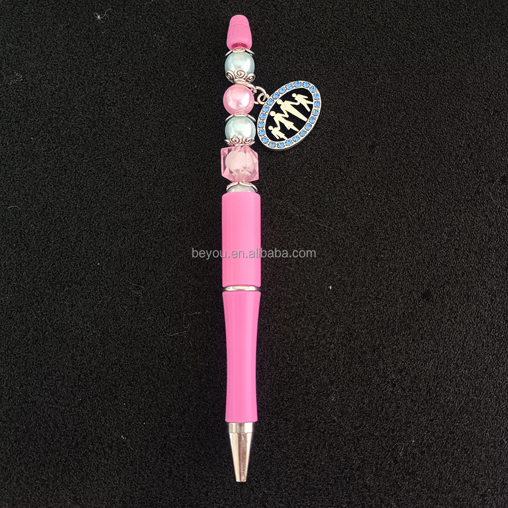 New Customized Bead Ballpen with Logo Greek Sorority Jack and Jill Pink Blue Letter Pendant Ball Pen Club Office School Supplies