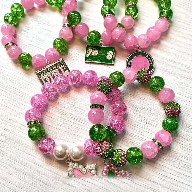 Customized Pink and Green Rhinestones Beads Greek Letter Charm Elastic Sorority Charm Women Bracelets Jade Bracelets