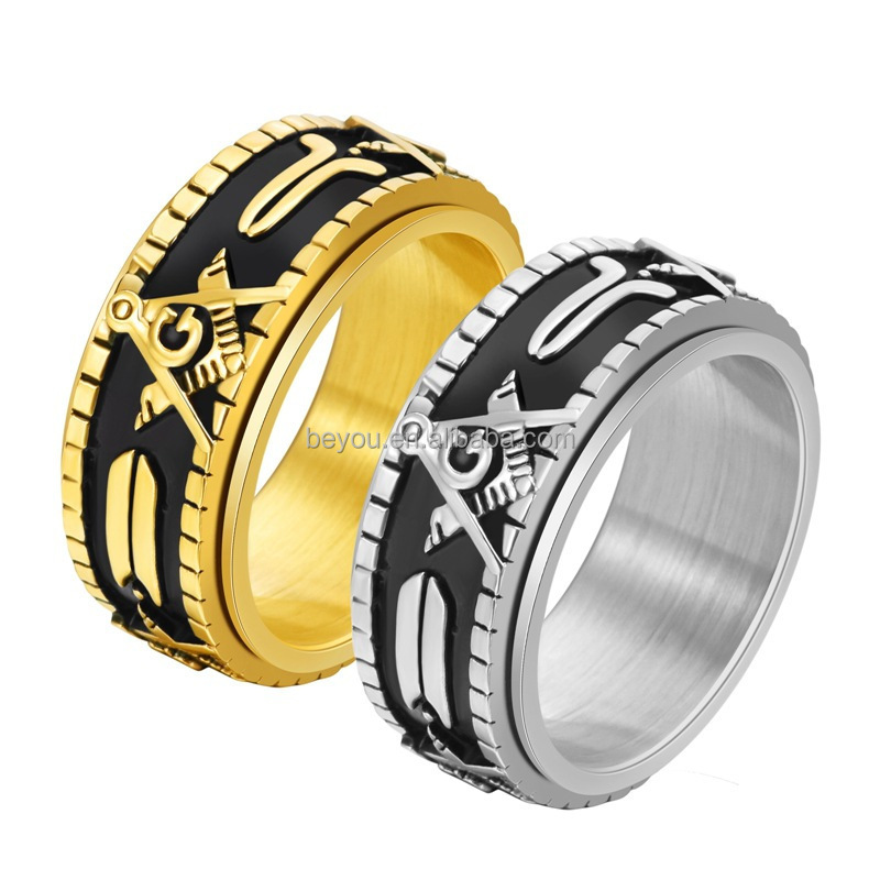 Vintage Masonic Spinning Titanium Black Gold Tone/Silver Plated Freemason Rotatable Wedding Band Ring Symbol Jewelry