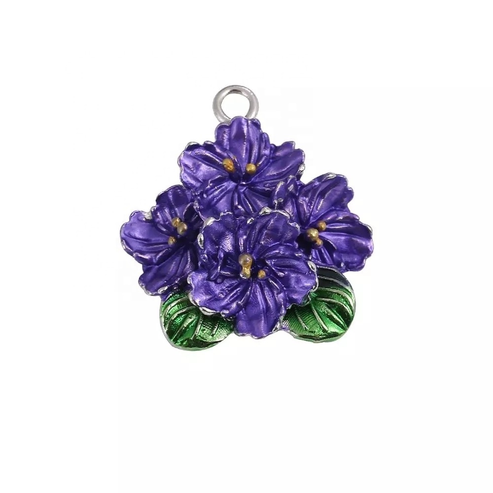 Beyou Delta Metal Pendant Purple Paint Violet Enamel Flower Charm Fit Bracelet African Violet Pin DIY Jewelry Accessory