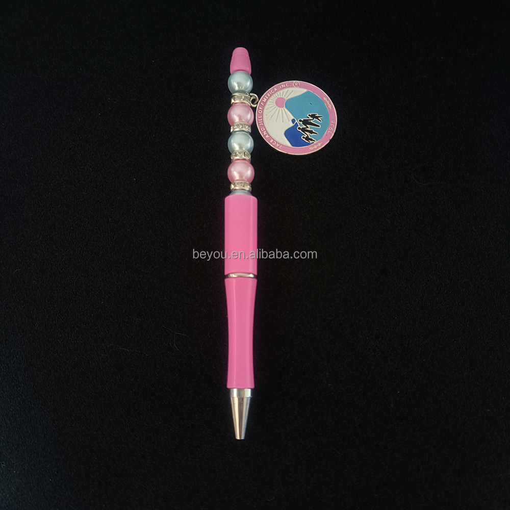 New Customized Bead Ballpen with Logo Greek Sorority Jack and Jill Pink Blue Letter Pendant Ball Pen Club Office School Supplies