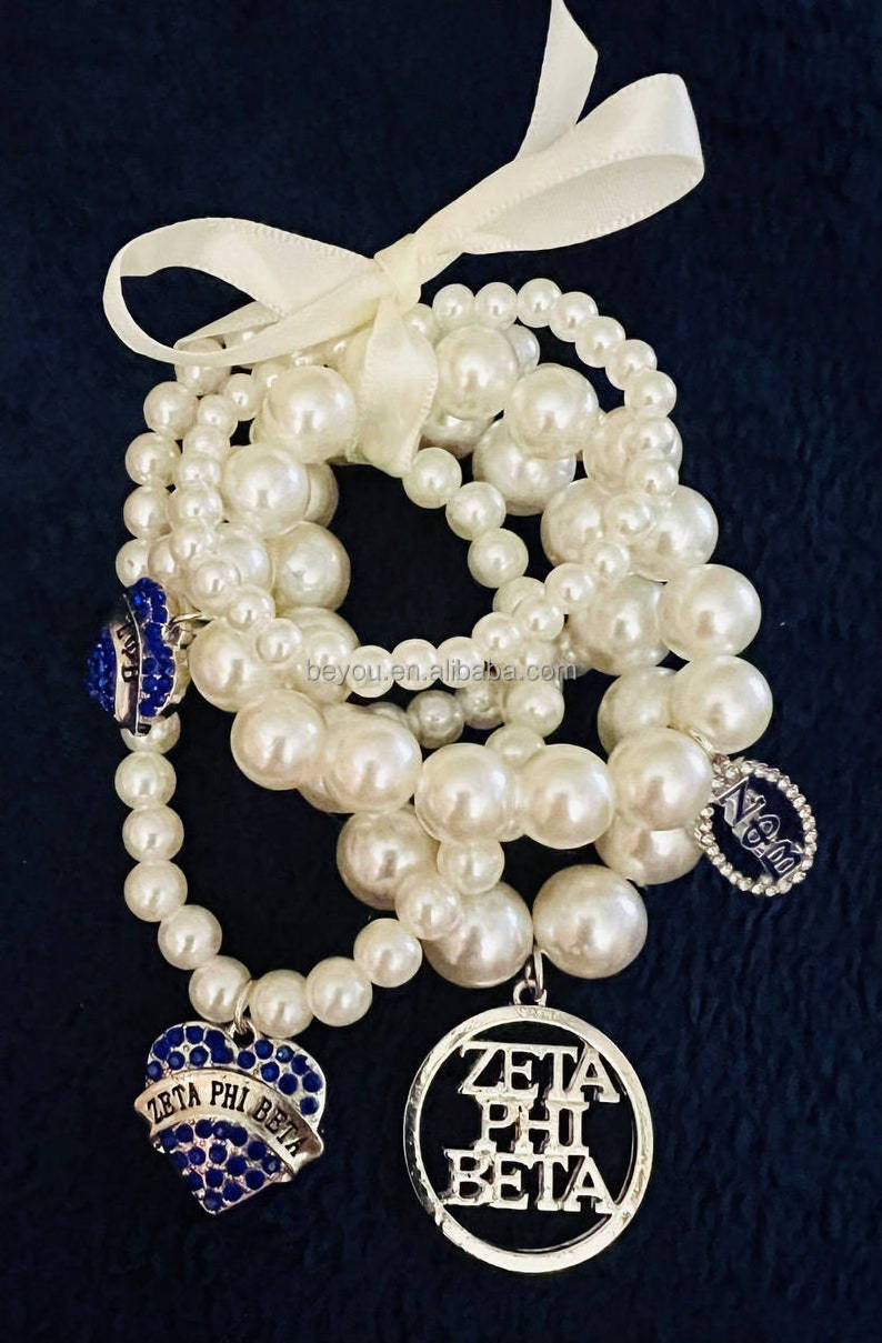 Zeta Phi Beta Pearl Chain Ribbon Set Bracelet Stack Greek ZPB Hollow Pendant Love Rhinestone Pendant Bracelet Meeting Party Gift