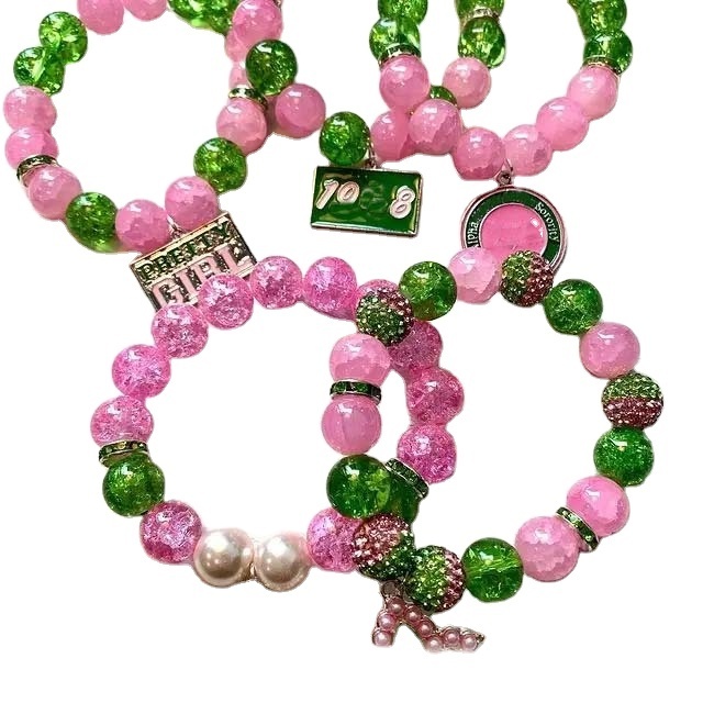 Customized Pink and Green Rhinestones Beads Greek Letter Charm Elastic Sorority Charm Women Bracelets Jade Bracelets