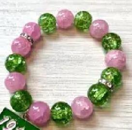 Customized Pink and Green Rhinestones Beads Greek Letter Charm Elastic Sorority Charm Women Bracelets Jade Bracelets