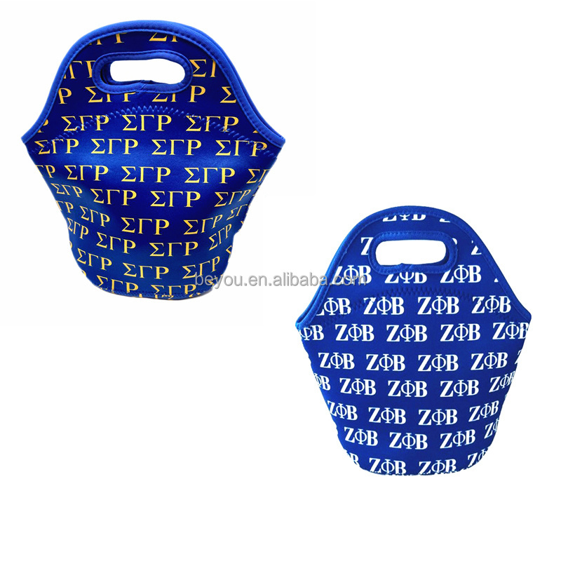 Wholesale Custom Sigma Gamma Rho Neoprene Blue Yellow Waterproof School Office Picnic Bento Lunch Box Tote SGR Letter Bag