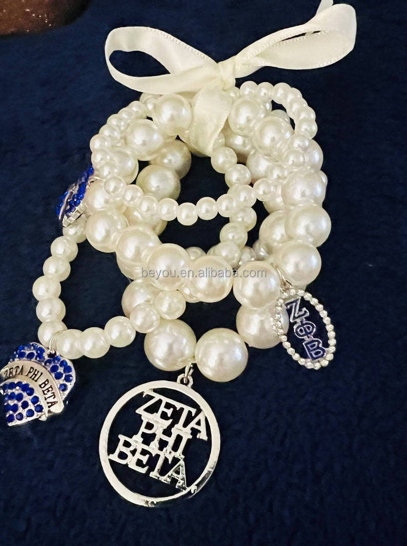 Zeta Phi Beta Pearl Chain Ribbon Set Bracelet Stack Greek ZPB Hollow Pendant Love Rhinestone Pendant Bracelet Meeting Party Gift