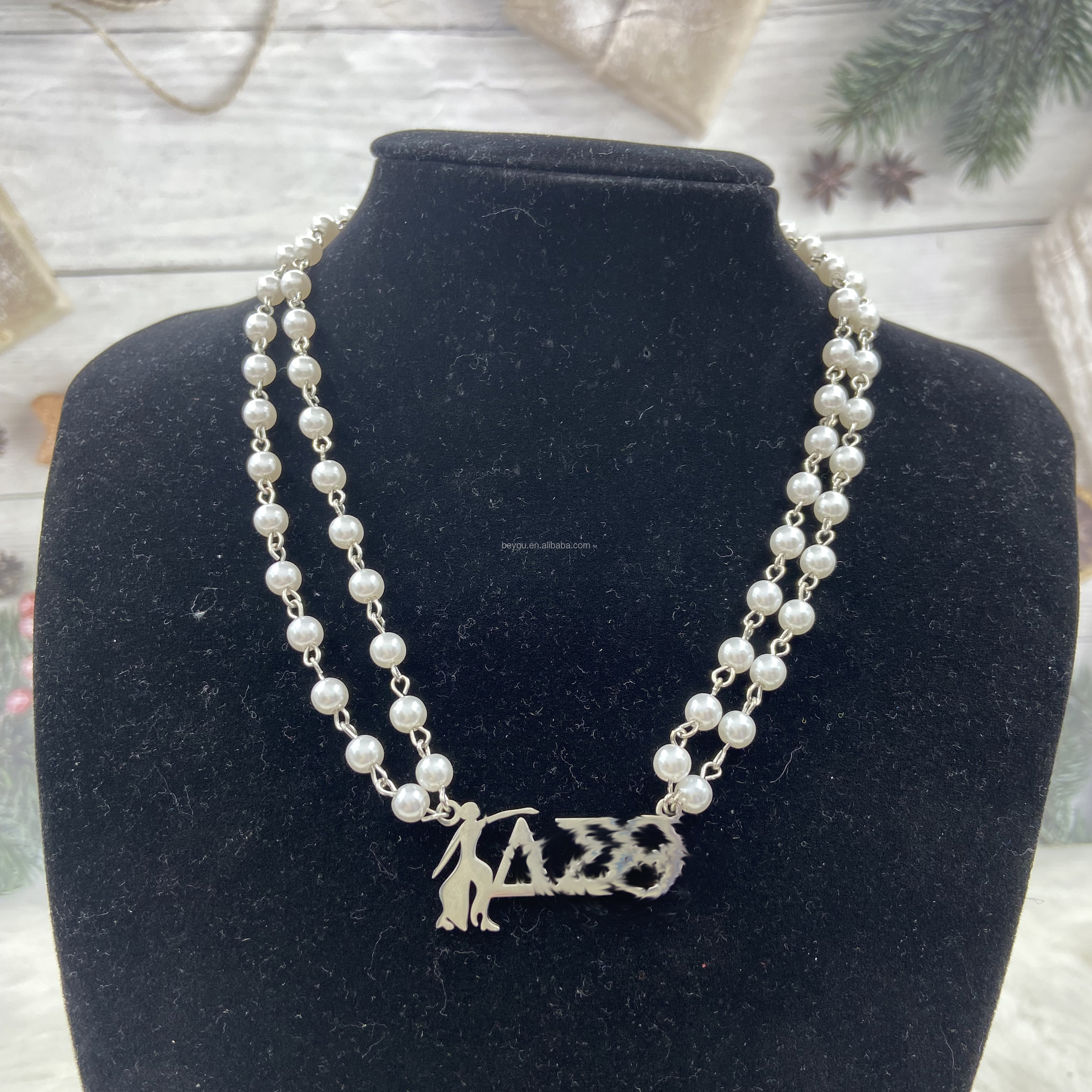 Delta Sigma Theta 2 Strand Pearls Stainless Steel Pendant DST Fortitude Lady Delta Symbols Pendant Elegant Necklace Bracelet Set