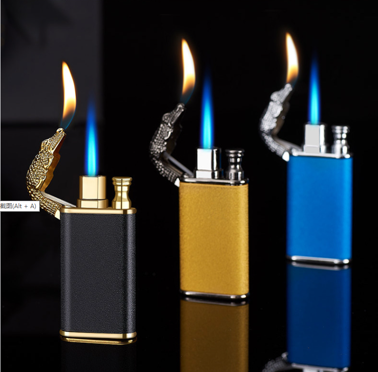 Custom Dragon Double Fire Cigar Flame Gas Windproof Torch Crocodile Lighters Aansteker Lighter Jet Blue Zinc Alloy CLASSIC