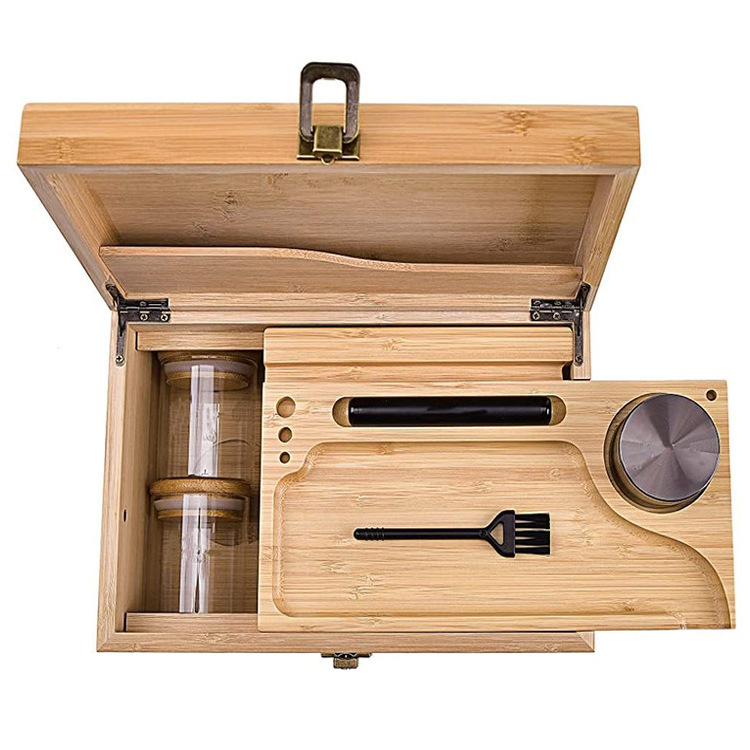 BEYOU Herb Tobacco Smell Proof Storage Grinder Rolling Tray Wooden Stash Box With Jars