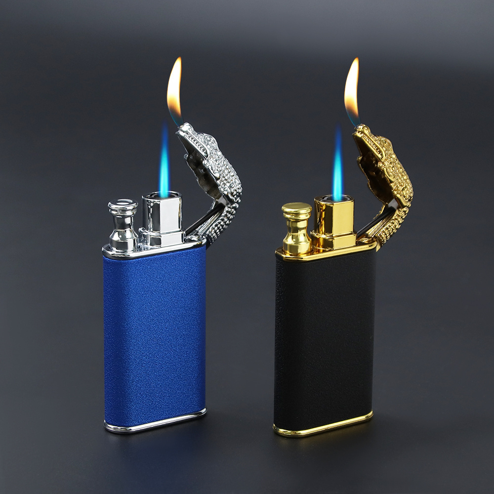 Custom Dragon Double Fire Cigar Flame Gas Windproof Torch Crocodile Lighters Aansteker Lighter Jet Blue Zinc Alloy CLASSIC