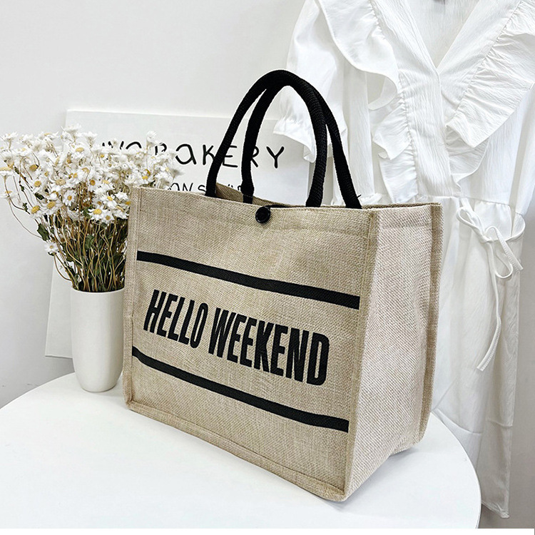 Fashion Large Women's Student Make-Up Gift Shopping Girl Out Handbag Jute Letter Printing Tote Bag