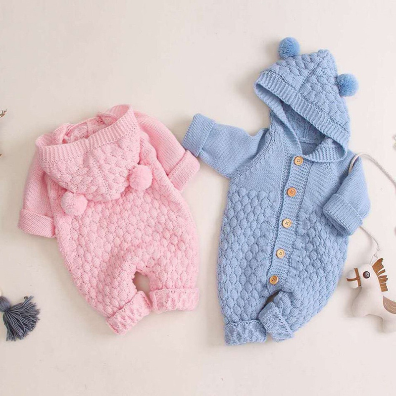 Knitted Cotton Clothing New Born Boy Girl Long Sleeves Jumpsuit Clothes with Warm Hat Autumn Winter Newborn Baby Rompers Set