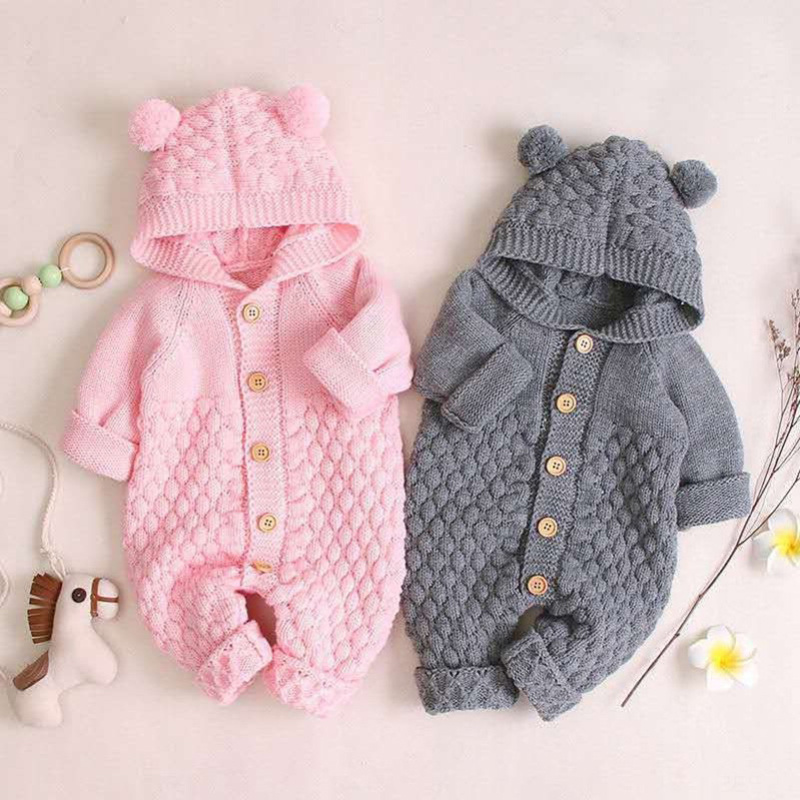 Knitted Cotton Clothing New Born Boy Girl Long Sleeves Jumpsuit Clothes with Warm Hat Autumn Winter Newborn Baby Rompers Set