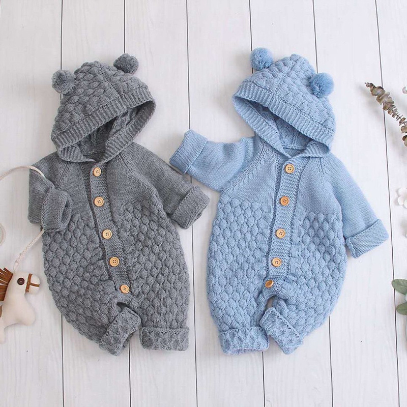 Knitted Cotton Clothing New Born Boy Girl Long Sleeves Jumpsuit Clothes with Warm Hat Autumn Winter Newborn Baby Rompers Set