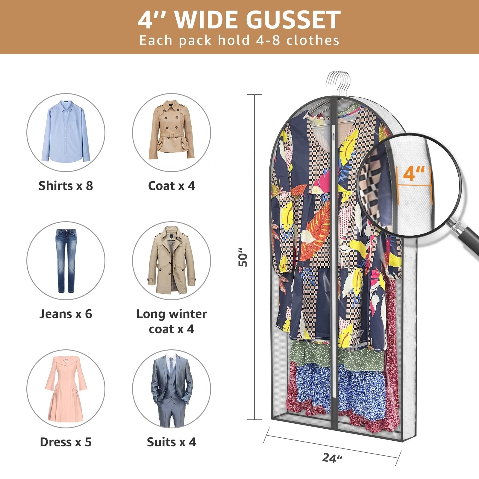 Garment Bags Clear Moth Proof Suits Covers with 4 Gussetes Hanging Clothes Closet Storage