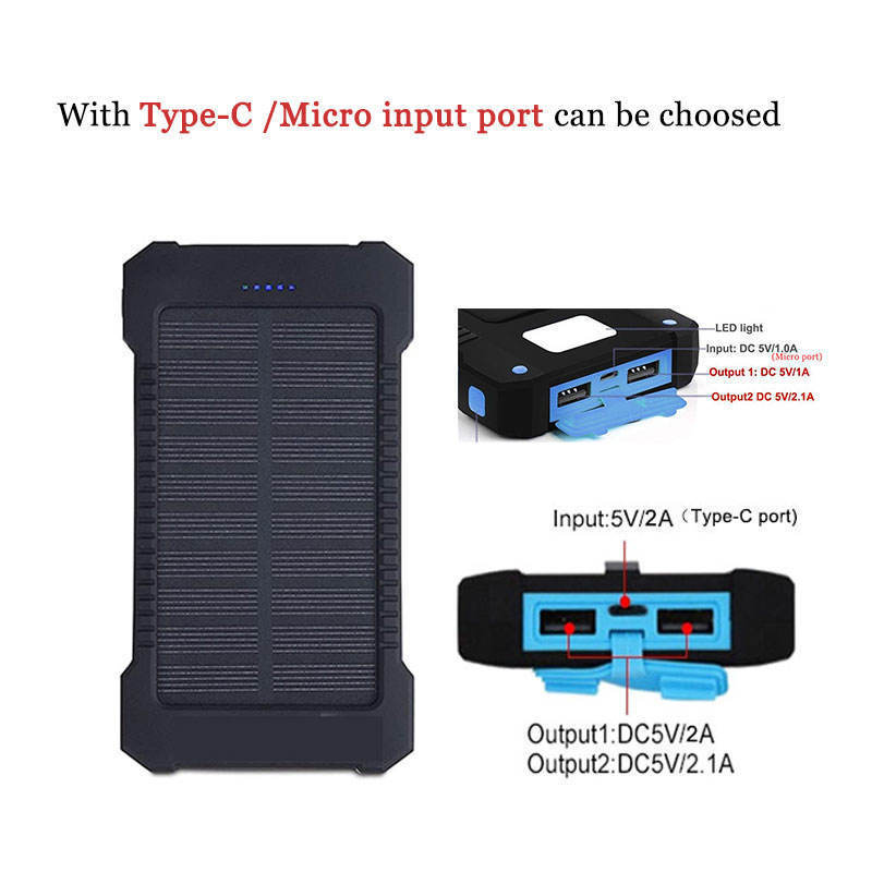 Solar Panel With LED Light Solar Power Bank Dual USB Power Bank 20000mAh Waterproof Battery Charger Portable Power Banks