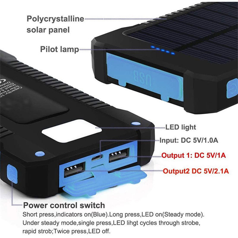 Solar Panel With LED Light Solar Power Bank Dual USB Power Bank 20000mAh Waterproof Battery Charger Portable Power Banks