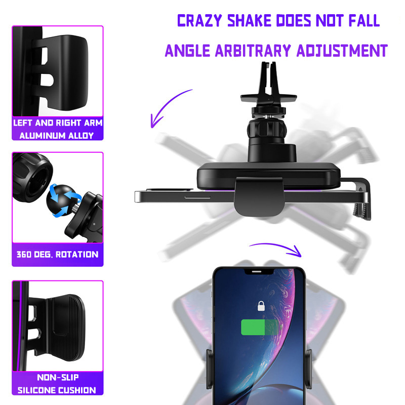 15w Fast Charger Magnetic Wireless Car Mount Mobile Phone Holder With Purple Ambience Light