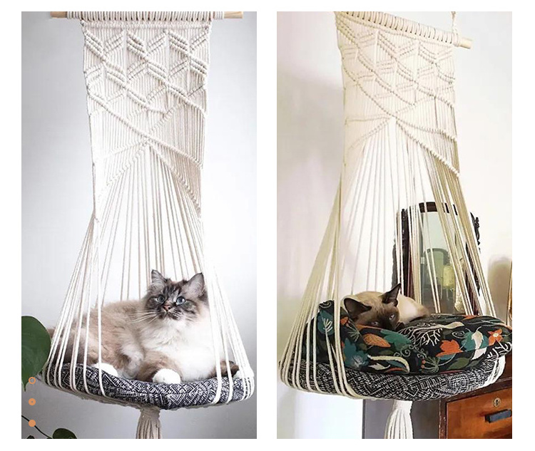 Macrame Cat Hammock Macrame Hanging Swing Cat Dog Pet Bed for Indoor Cats Hand-Woven Hanging Basket