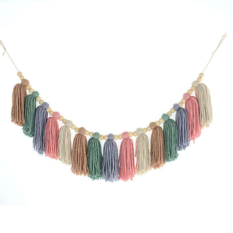 Boho spring Fall Handmade Macrame Woven Tassel Wood Bead Valentine's Day Garland Wall Hangings Home Room Decoration