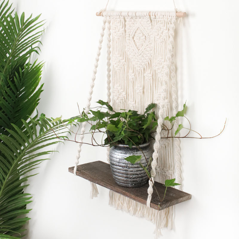 Decorative Wooden Macrame Shelf, Boho Wall Hanging Decor, Rope Plant Flower Hanger Pot Holder