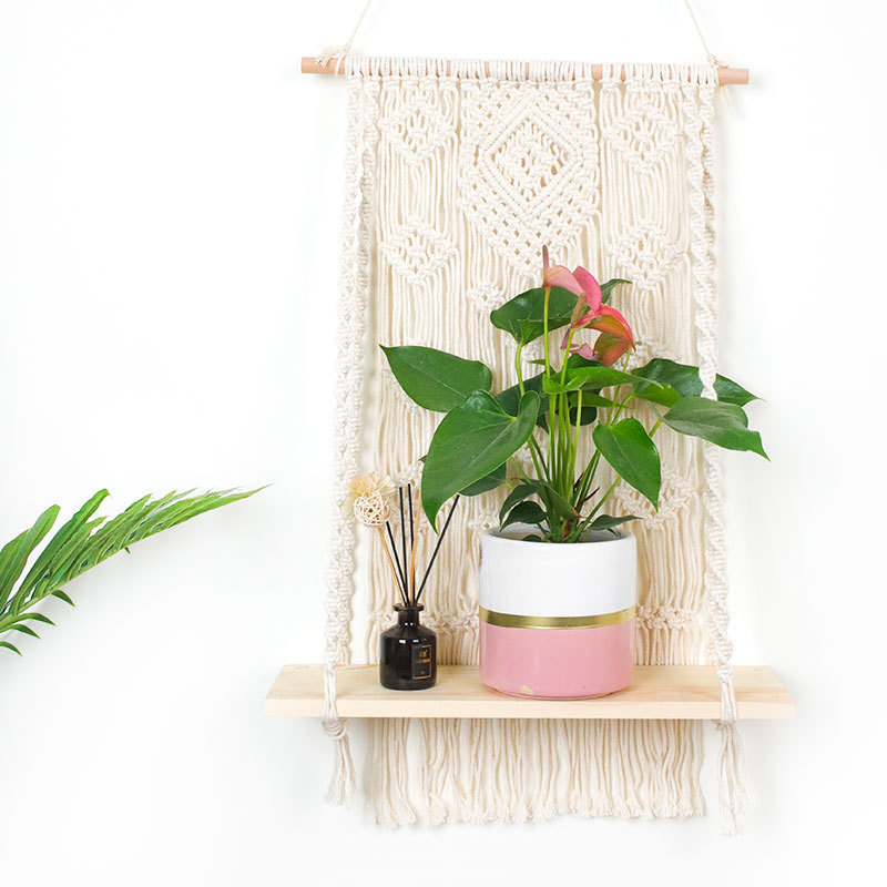 Decorative Wooden Macrame Shelf, Boho Wall Hanging Decor, Rope Plant Flower Hanger Pot Holder