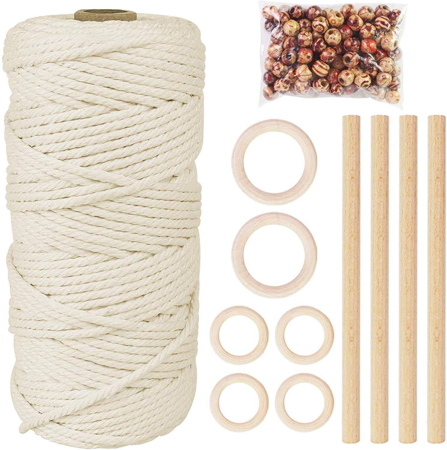 Diy Teether Natural Cotton Rope Cord Macrame Kit Home Decor Indoor DIY Plant Hanger Bracket Making Wood Stick Bead Macrame Kit