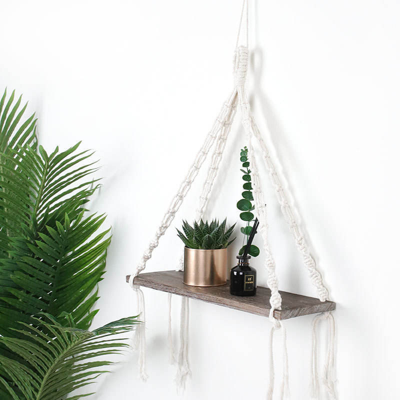 Boho Home Decor Handmade Wooden Storage Floating Plant Hangers Flower Pot Holders Rack Macrame Wall Hanging Shelf