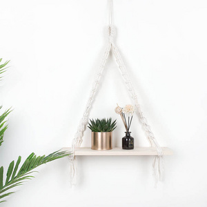 Boho Home Decor Handmade Wooden Storage Floating Plant Hangers Flower Pot Holders Rack Macrame Wall Hanging Shelf