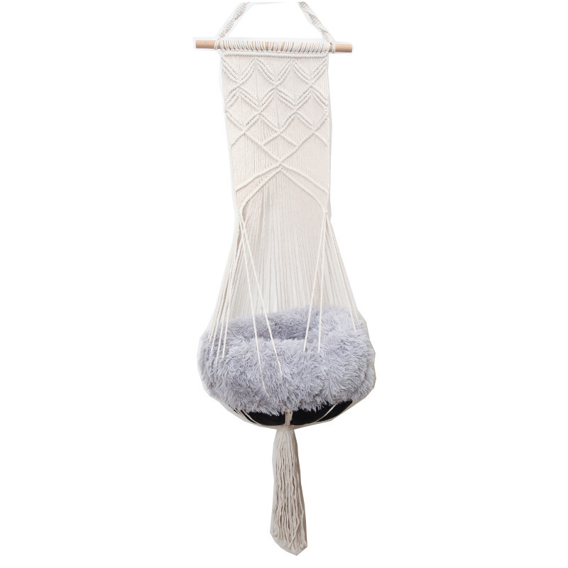 Macrame Cat Hammock Macrame Hanging Swing Cat Dog Pet Bed for Indoor Cats Hand-Woven Hanging Basket