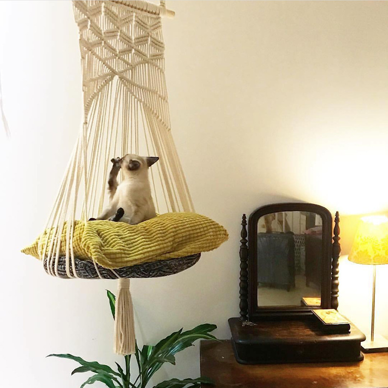 Macrame Cat Hammock Macrame Hanging Swing Cat Dog Pet Bed for Indoor Cats Hand-Woven Hanging Basket