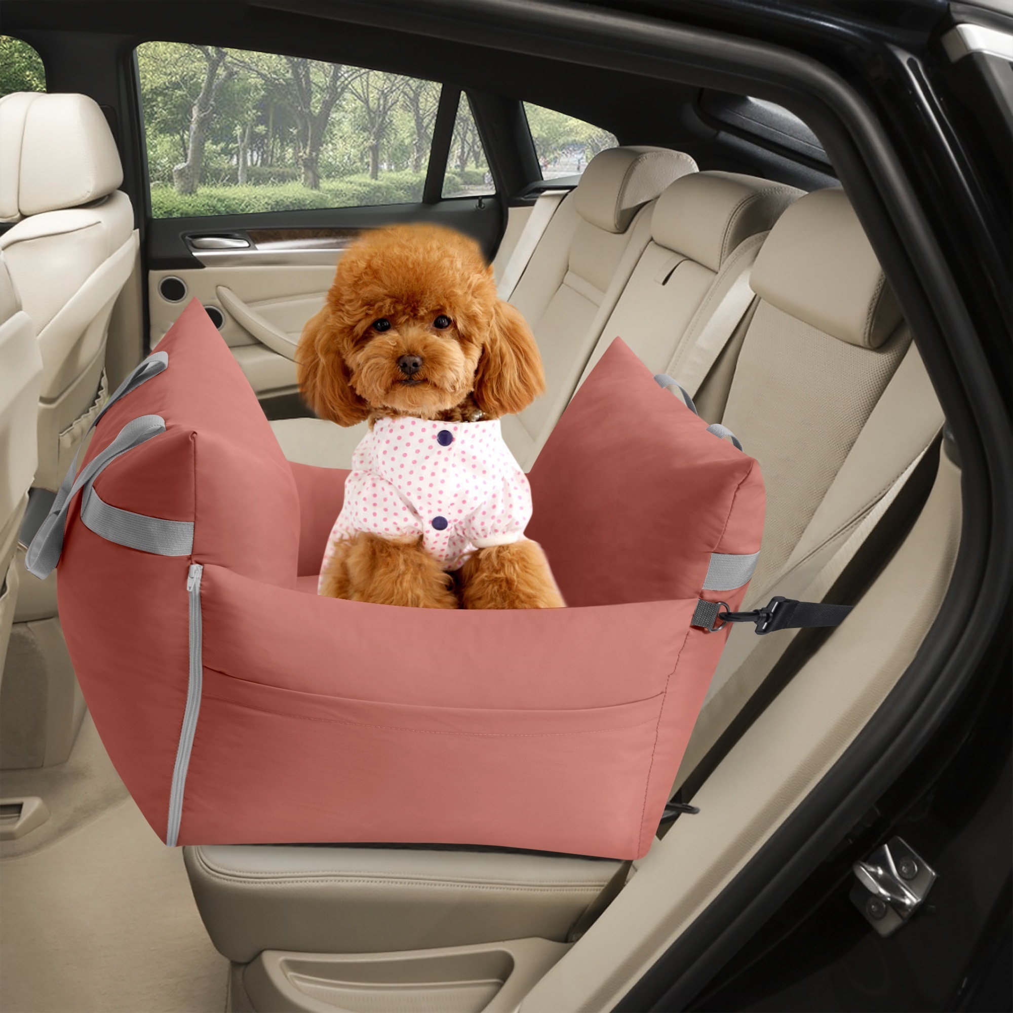 Luxury Dog Car Seat with safe belt Waterproof and Crease Resist, Removable Cover and Easy clean for dog hair, Traveling Dog bed