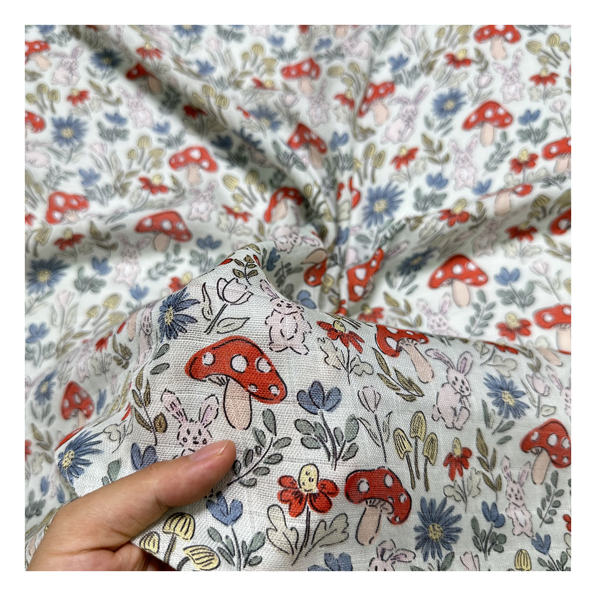 The factory outlet rabbit mushroom cartoon design digital printed 2*2 plaid bamboo cotton muslin swaddle fabric for baby clothes