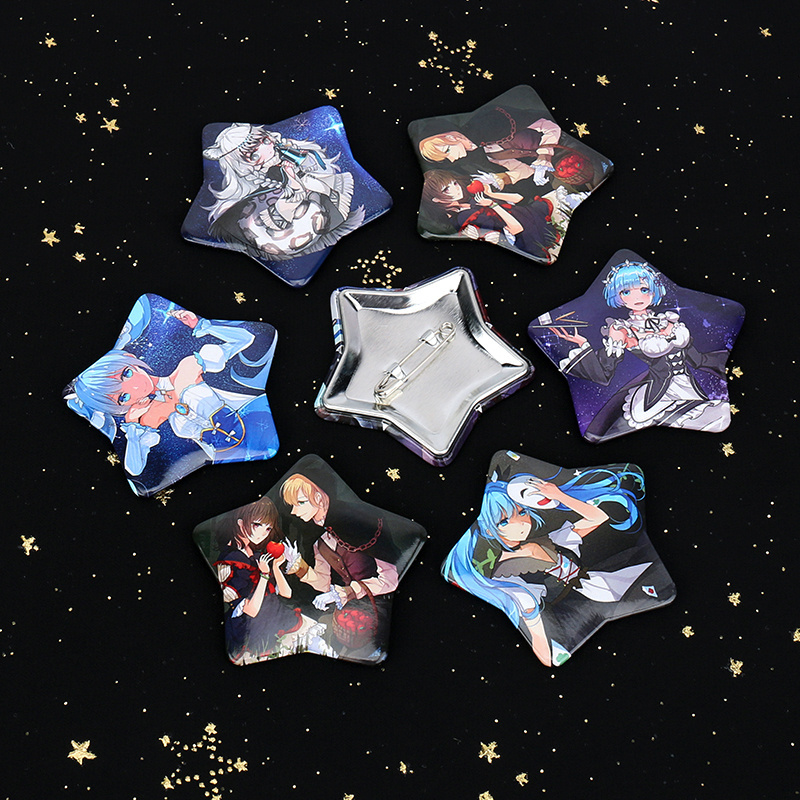 Wholesale VOGRACE customized cartoon anime star badge,logo printed tinplate metal badge,hologram heart badges with safety pins