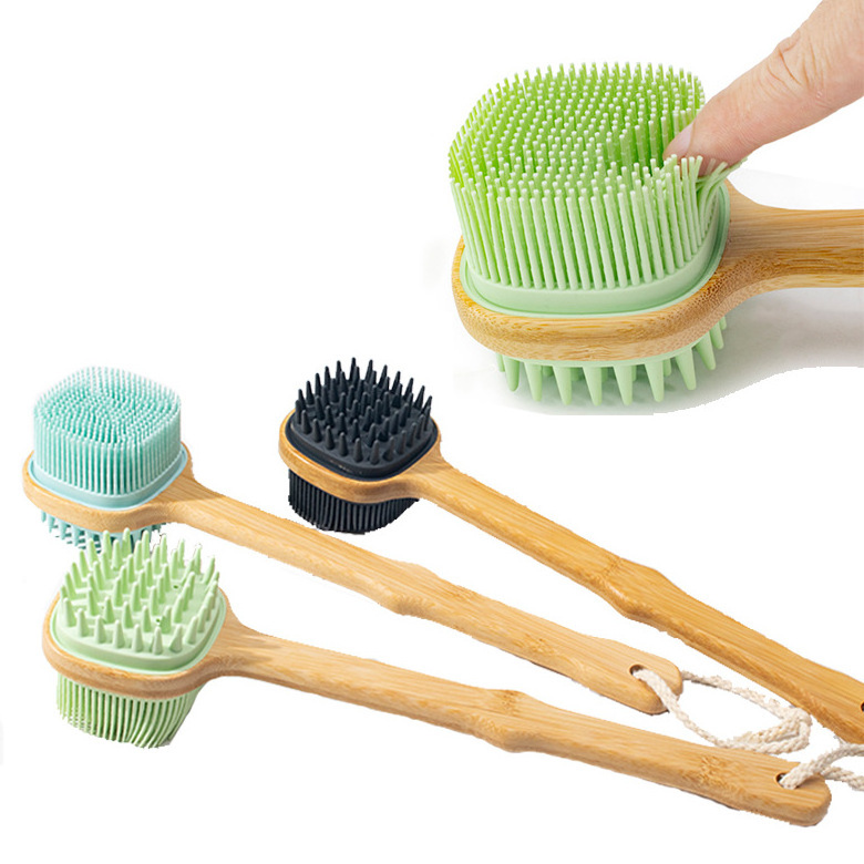 Hot Sale Massage Natural Back Exfoliating Cleaning Scrub Bath Brush With Wooden Long Handle silicone bath scrubber