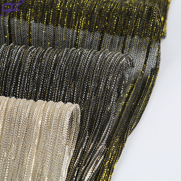 Colorful yarn dyed wire crinkle stretch gold metallic clothing mesh tulle fabric for evening party dress