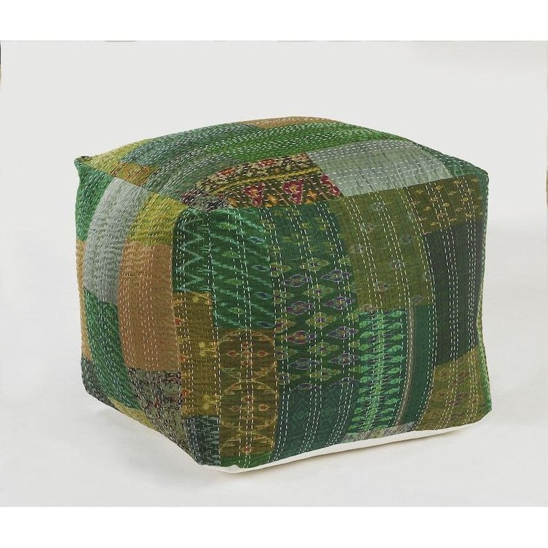 Foliage Hand Stitch Kantha Silk pouf cover