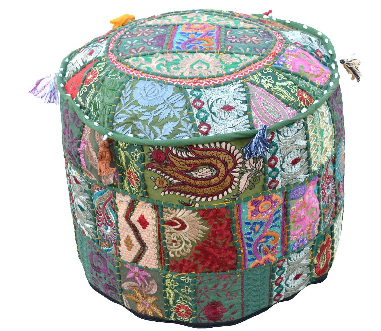 Ottoman pouf cover 22''. patchwork Bohemian Ottoman Handmade Patchwork Round Ottoman Pouf Cover Decorative Cover Embroidery