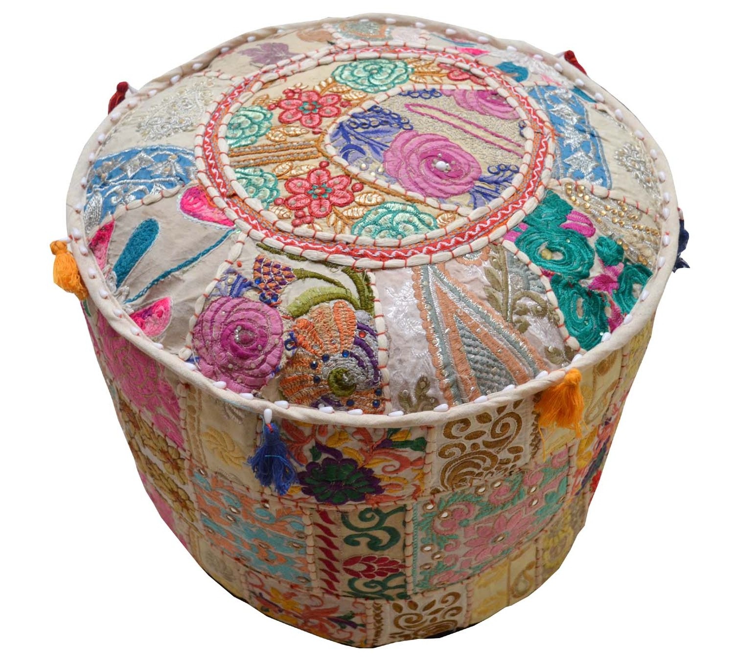 Ottoman pouf cover 22''. patchwork Bohemian Ottoman Handmade Patchwork Round Ottoman Pouf Cover Decorative Cover Embroidery