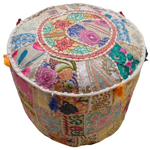 Ottoman pouf cover 22''. patchwork Bohemian Ottoman Handmade Patchwork Round Ottoman Pouf Cover Decorative Cover Embroidery