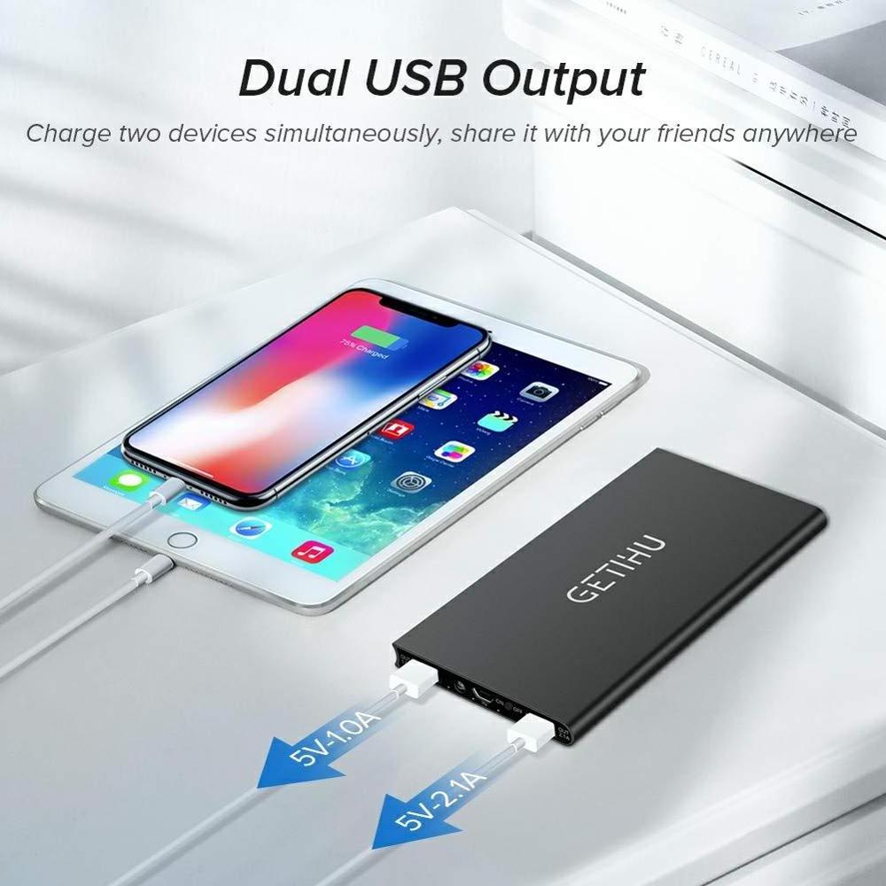 Power Bank Ultra Slim 10000 mAh Portable Charger 2.1A High-Speed 2 USB Ports Battery Pack with LED Flashlight