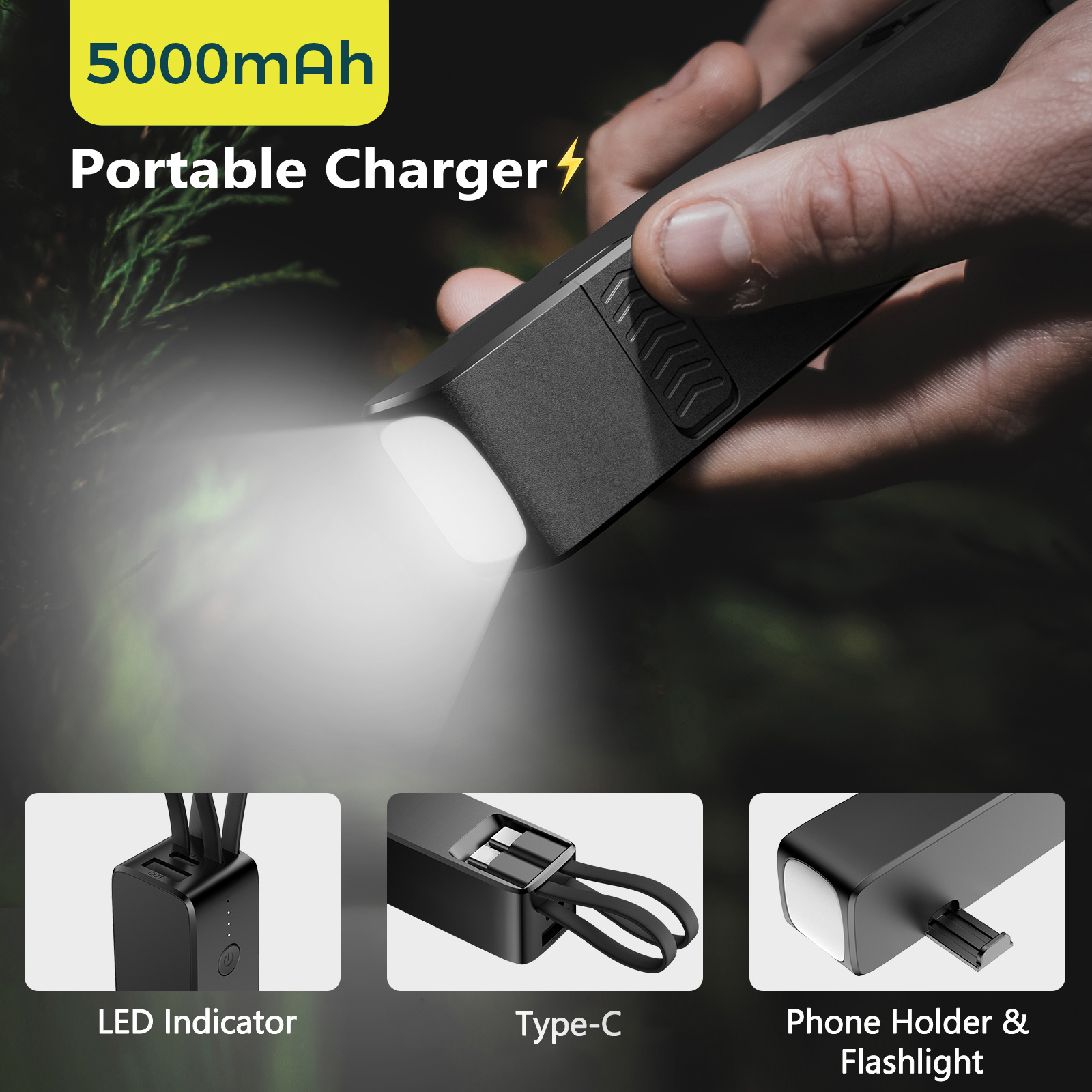 2024 New Portable Mini Power Bank LED Flashlight 5000mah Power Banks with Type C Charging Cable Small Emergency Pocket Charger