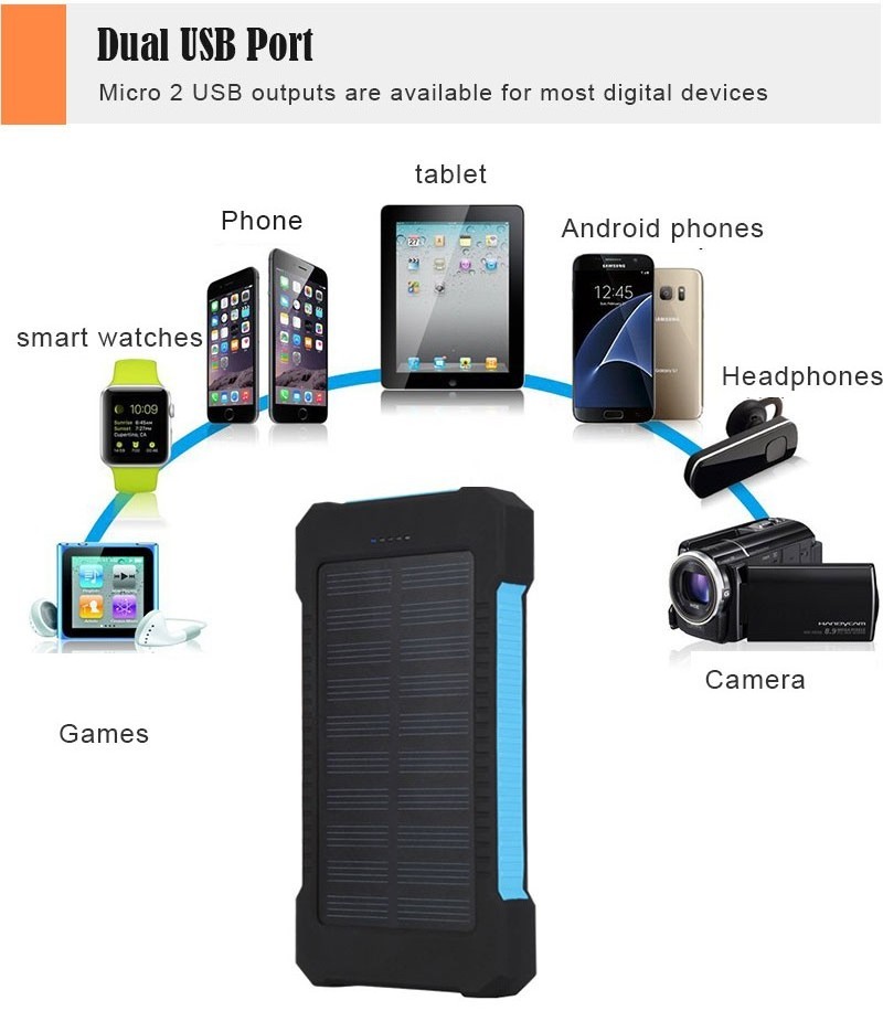 Factory LED Light Power Bank 10000Mah Mobile Waterproof Solar Charger Cell Phone Solar Power Bank Charger