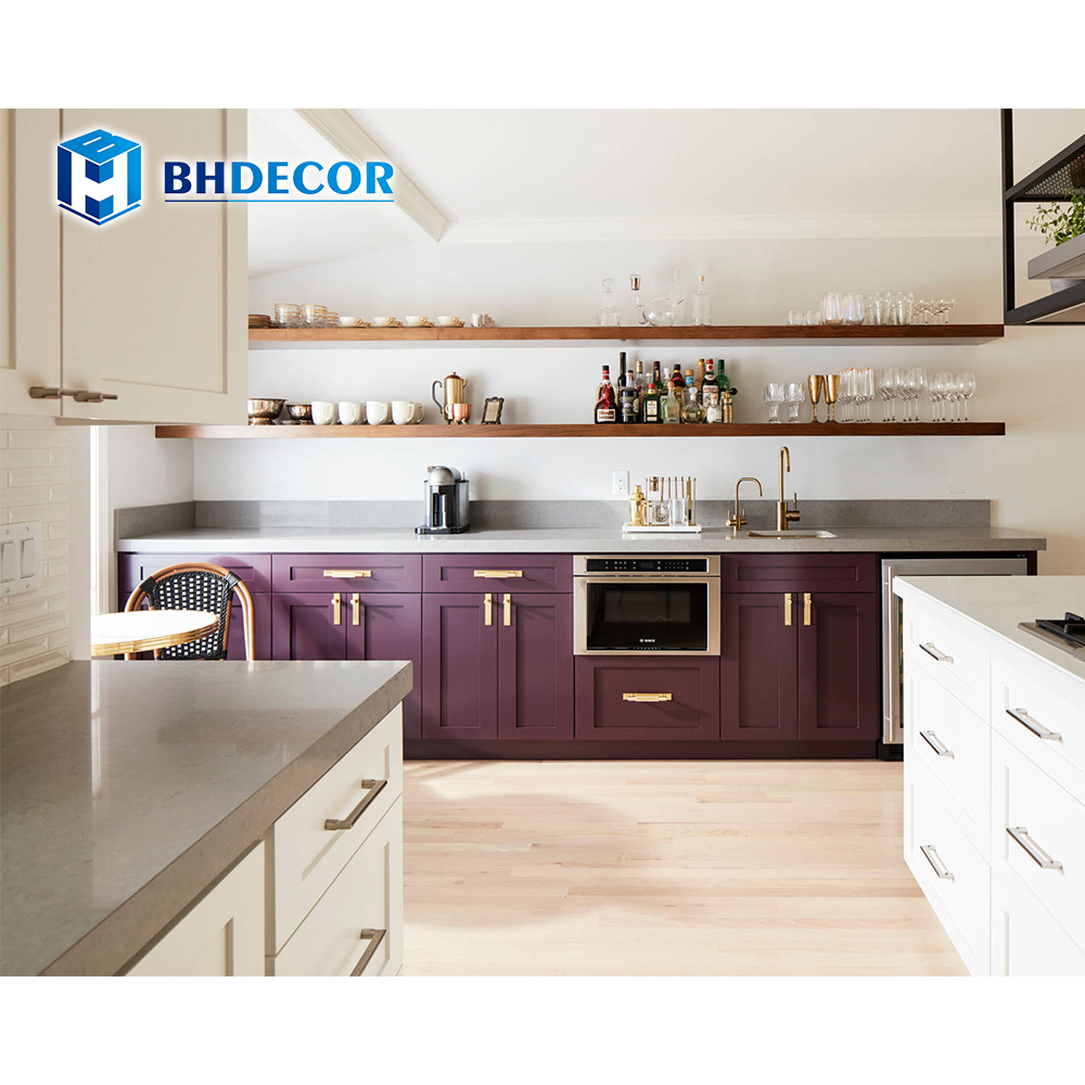 Kitchen Cupboard New Design High Gloss Purple And White Lavender Solid Wood Shaker Kitchen Cabinets