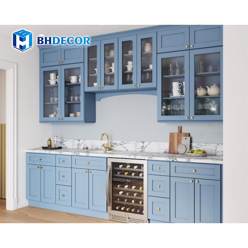 Complete Sets Matte Light Blue Wooden Lacquer Modern Farmhouse Farm Shaker Style Door Kitchen Cabinets