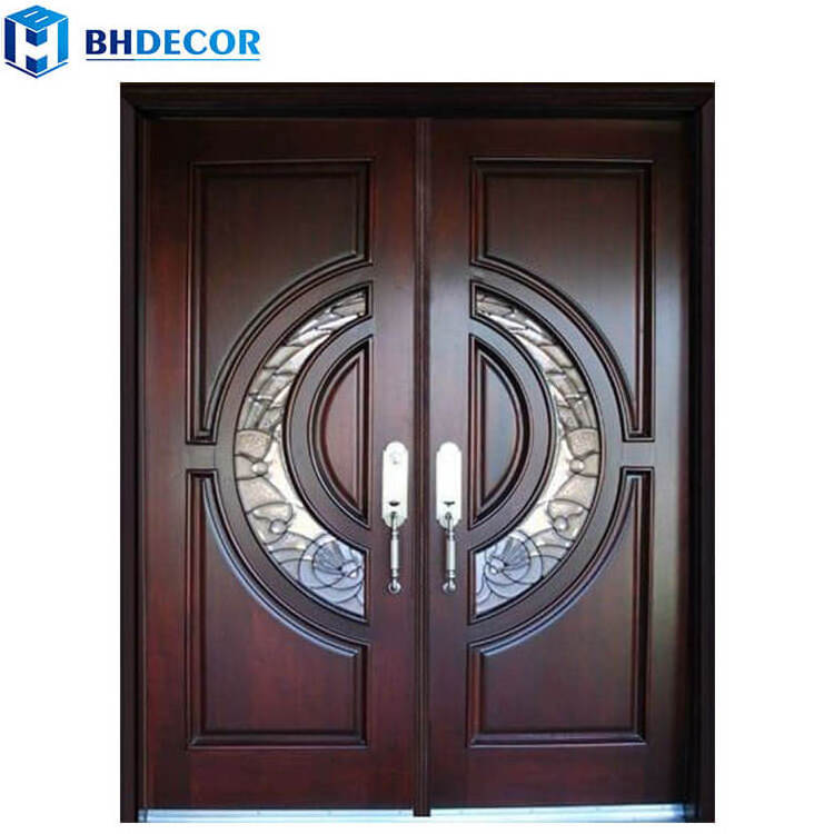 Swing Brown Finished Surface Mahogany Hard Wood Hardwood External Extior Front Exterior Double Door For House With Sidelights