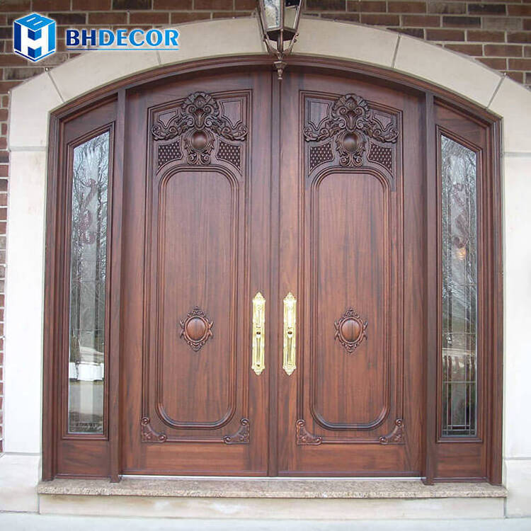 Swing Brown Finished Surface Mahogany Hard Wood Hardwood External Extior Front Exterior Double Door For House With Sidelights